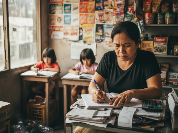 common causes pinoy stress financial Filipino mother managing bills at a sari-sari store, a common cause of stress in PH.