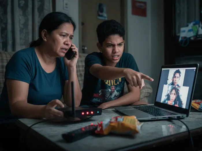 customer service isp philippines reliability Filipina calling ISP hotline for internet problems, showing customer service PH.