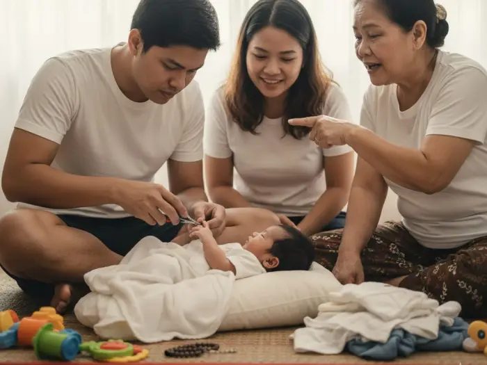 cutting baby nails early filipino belief Filipino parents caring for newborn while grandmother reminds them about pamahiin.