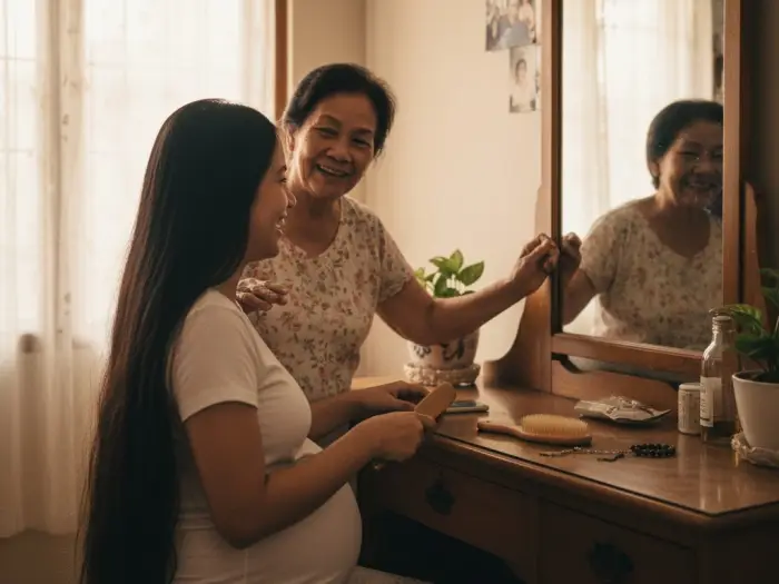 dont cut hair pregnancy superstition Pregnant Filipina brushing long hair while her mother reminds her about pamahiin.