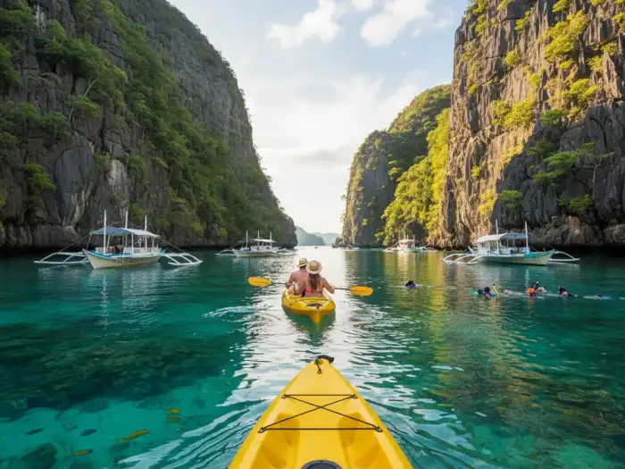 el nido big lagoon tour a Kayakers exploring Big Lagoon’s turquoise waters in El Nido’s Tour A route.