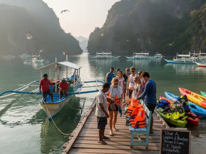 el nido island hopping boats pier Morning island-hopping boats preparing for departure at El Nido Town pier.