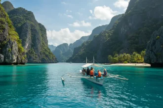 Traditional banca boat departing for island-hopping in El Nido, Palawan with limestone cliffs and turquoise sea.