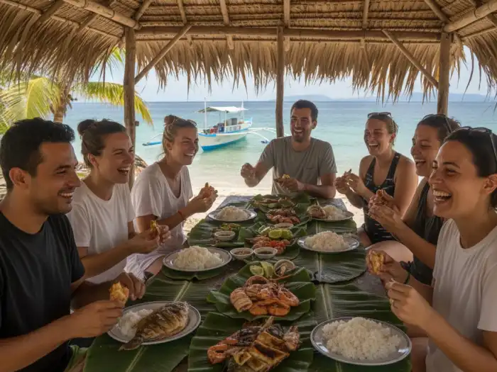 el nido island picnic palawan Tourists share a beach picnic during an El Nido island-hopping lunch stop.