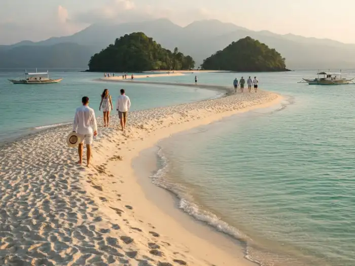 el nido snake island tour b Travelers walking along the winding sandbar of Snake Island in El Nido Palawan.
