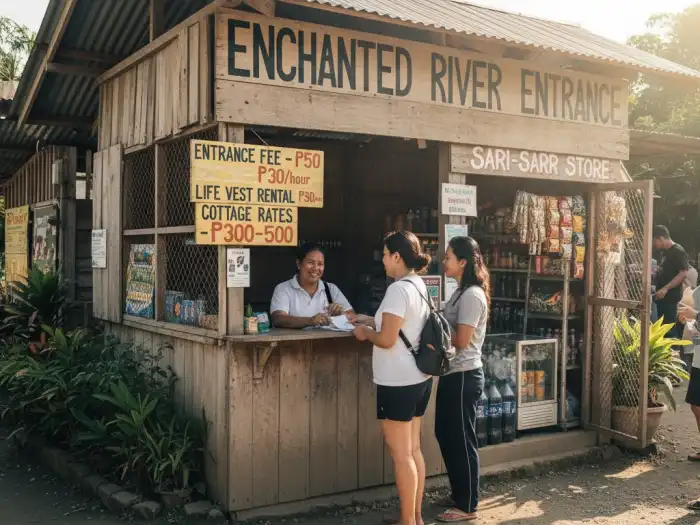 enchanted river hinatuan entrance fee budget breakdown Tourists paying entrance fees at the Enchanted River booth in Hinatuan.