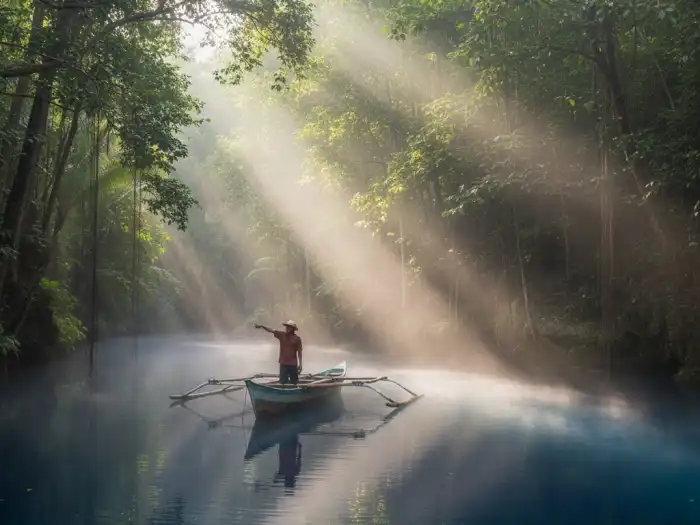 enchanted river hinatuan mystery and legends Local guide in banca over the misty Enchanted River of Hinatuan at sunrise.
