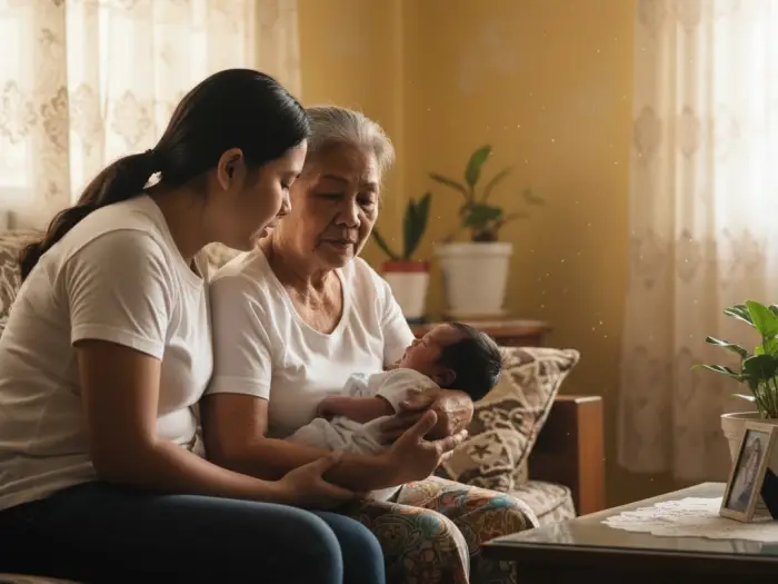 filipina mother lola newborn tradition Filipina mother and her lola bonding over a newborn baby while sharing pamahiin.