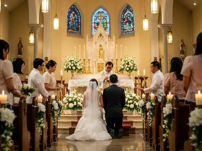 filipino church wedding veil cord ceremony Filipino couple kneeling at the altar during the church ceremony with veil and cord rituals.