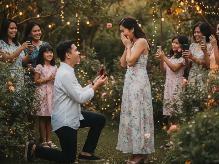 filipino engagement pre wedding customs Filipino couple during engagement pictorial surrounded by family in a garden setting.