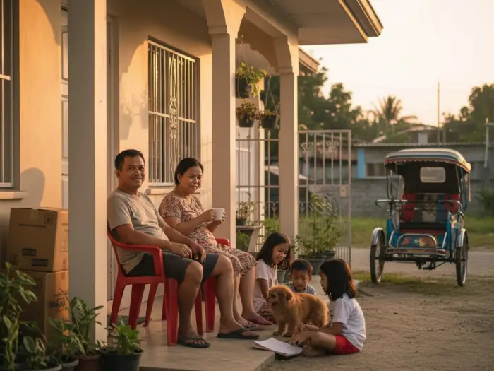 filipino family porch new home sunset Filipino family relaxing outside their new home at sunset in the Philippines.
