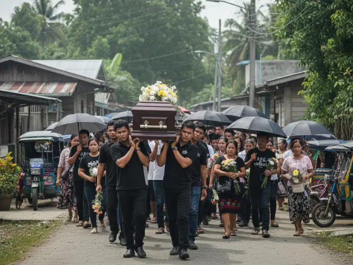 filipino funeral procession burial customs Filipino funeral procession through a barangay road with family walking behind the casket.