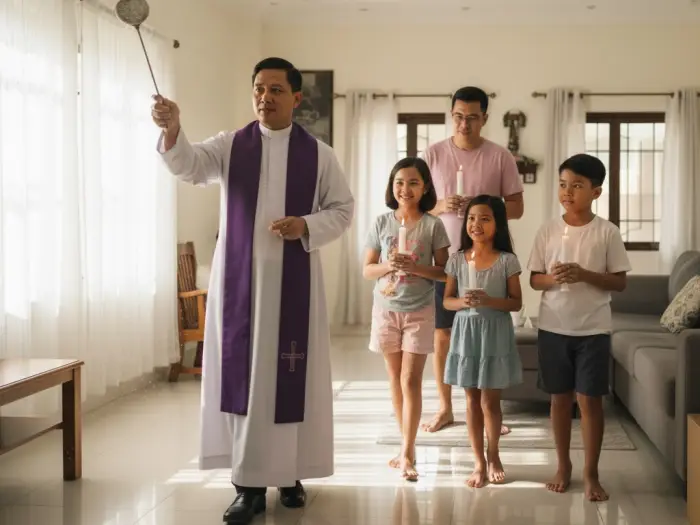 filipino house blessing pa bless tahanan Filipino priest blessing a new home with holy water while the family follows with candles.