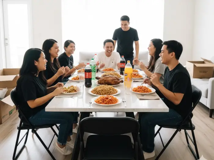 filipino housewarming feast handaang paglipat Filipino family hosting a simple handaan after moving into their new home.