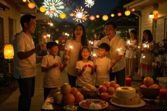 Filipino family celebrating New Year’s Eve with fireworks and 12 round fruits in the Philippines.
