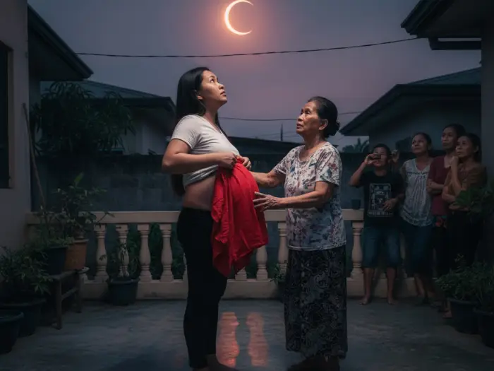 filipino pregnancy eclipse superstition Pregnant Filipina covering her belly with a red cloth during an eclipse.