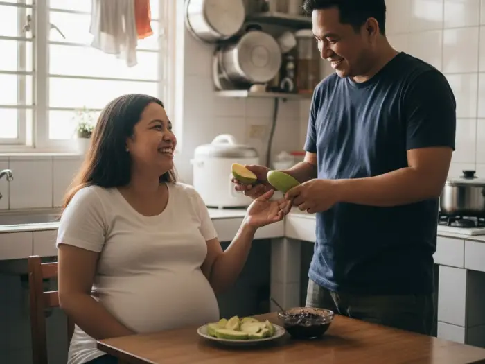 filipino pregnancy paglilihi cravings Pregnant Filipina satisfying green mango cravings as her husband playfully helps.