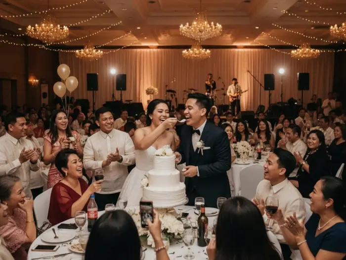 filipino wedding reception traditions Filipino bride and groom feeding each other cake during a lively wedding reception.