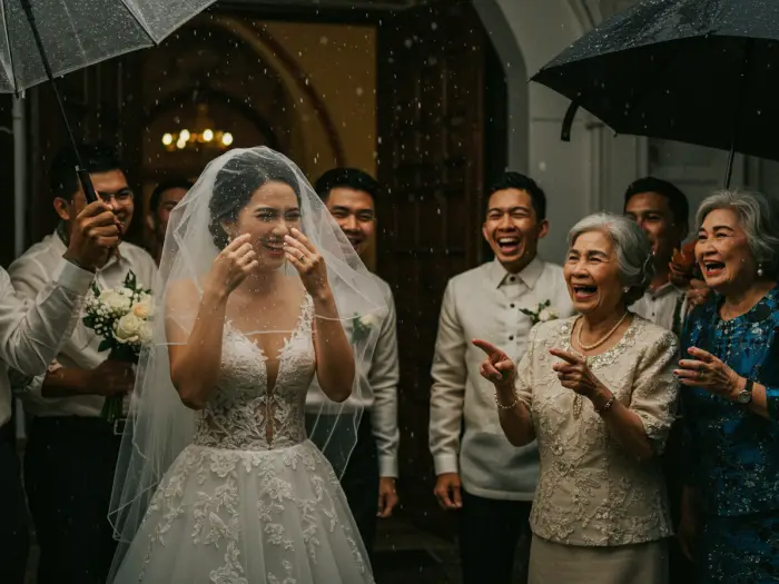 filipino wedding superstitions pamahiin sa kasal Bride smiling under light rain after the ceremony, symbolizing lucky Filipino wedding pamahiin.
