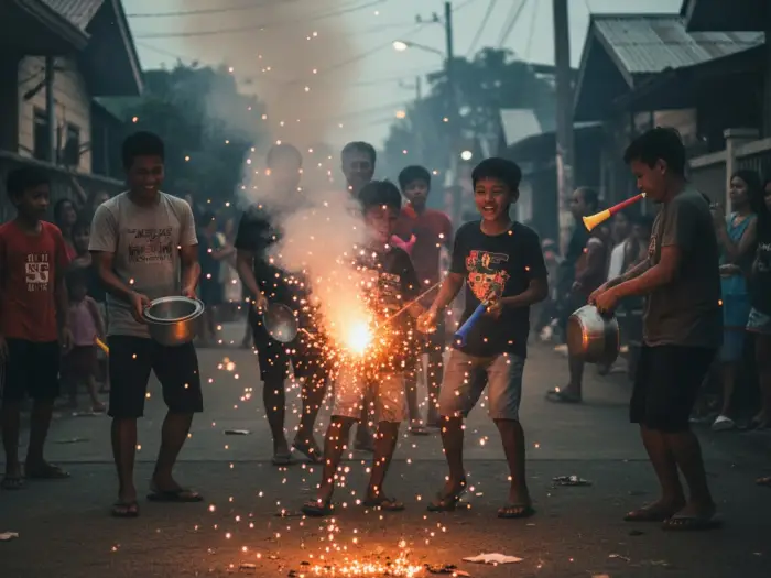 firecrackers noise making filipino new year Filipino family lighting firecrackers and making noise to welcome New Year’s Eve.