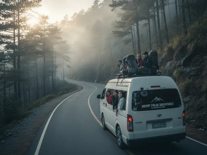 getting to mount pulag travel route benguet Van driving through Benguet’s foggy mountain road heading to Mount Pulag National Park.