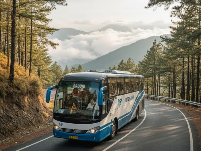 how to get to baguio panagbenga travel tips Travelers on a bus along Kennon Road heading to Baguio City for the Panagbenga Festival.