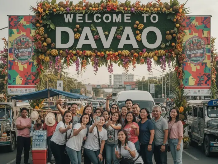 how to get to davao kadayawan travel guide Filipino tourists taking photos near a Welcome to Davao sign decorated for the Kadayawan Festival.