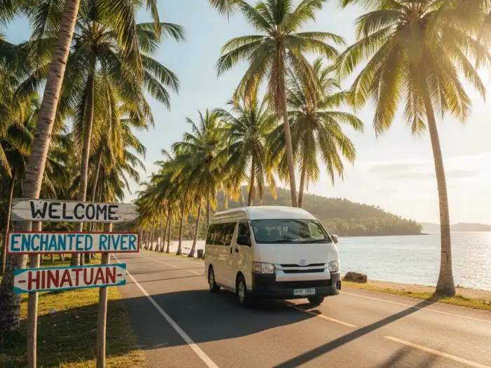 how to get to enchanted river hinatuan travel guide Van traveling along coconut-lined coastal road heading to the Enchanted River in Hinatuan.
