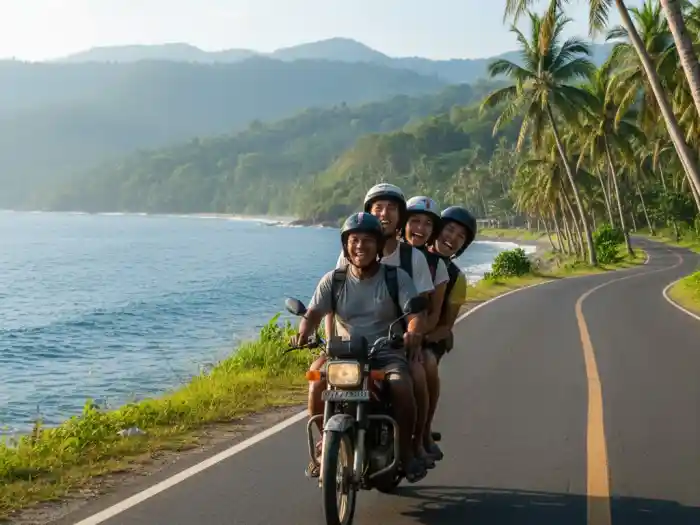 how to get to kawasan falls badian cebu Filipino travelers riding habal-habal along a scenic road heading to Kawasan Falls in Badian, Cebu.