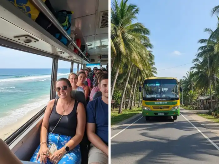 how to get to oslob cebu bus travel guide Tourists traveling to Oslob, Cebu via bus along a scenic coastal road.