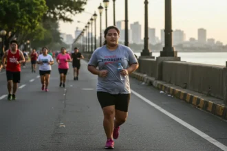 Filipina jogging by Manila Bay as part of healthy weight loss and paano pumayat tips.