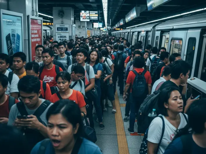 how to manage stress philippines commuters Filipino commuters at a crowded MRT station showing why stress is a big deal in PH.