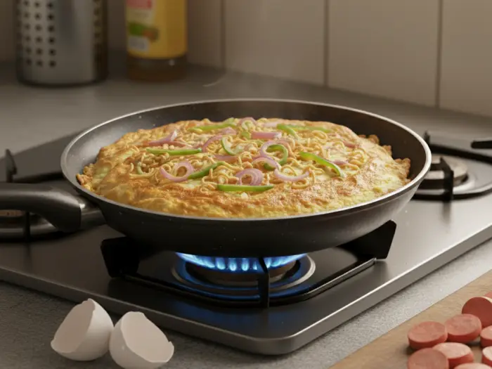 instant noodle omelette frittata Filipino-style noodle omelette cooking in a frying pan on gas stove