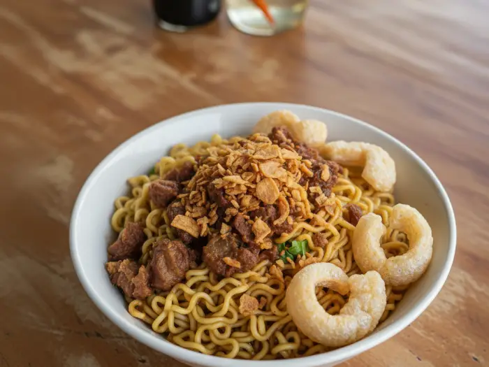 instant noodles with adobo flakes Instant noodles topped with adobo flakes, garlic, and chicharon in Pinoy setting