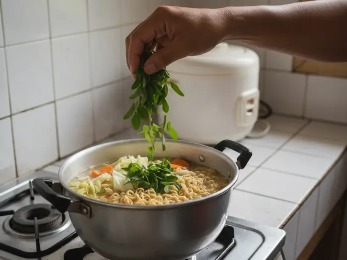 instant noodles with vegetables philippines Instant noodles with cabbage, carrots, and malunggay in a Filipino kitchen