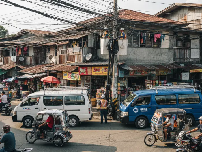 internet providers coverage philippines barangay PLDT and Globe technicians installing fiber lines in a barangay street