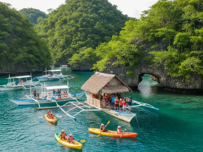 island hopping sohoton cove bucas grande highlights Filipino tourists kayaking and exploring the limestone islands of Sohoton Cove in Bucas Grande.
