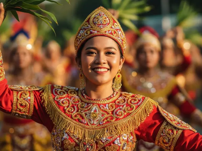 kadayawan festival davao celebration life gratitude Filipina dancer smiling in colorful tribal costume during the Kadayawan Festival in Davao City.