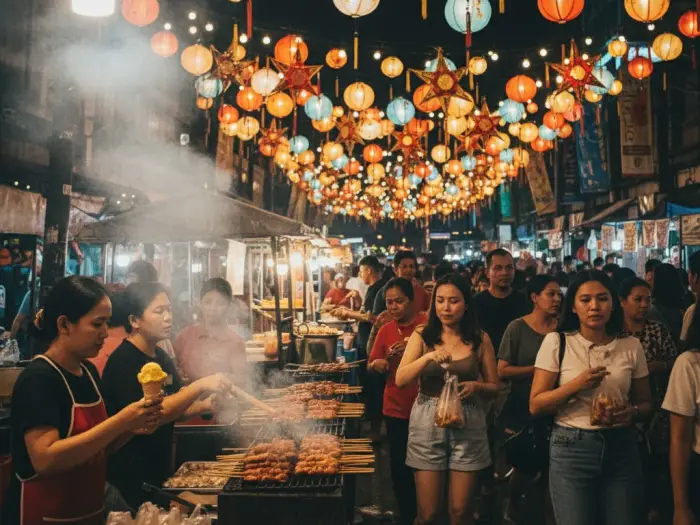 kadayawan festival travel tips roxas avenue night market Tourists enjoying street food and lights at Roxas Avenue Night Market during Kadayawan Festival.