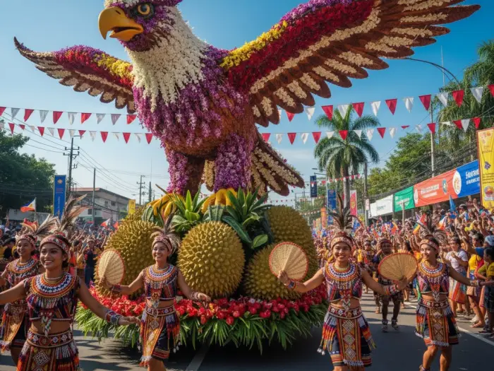 kadayawan floral float philippine eagle davao parade Floral float featuring a Philippine eagle and dancers during the Kadayawan Festival parade in Davao City.