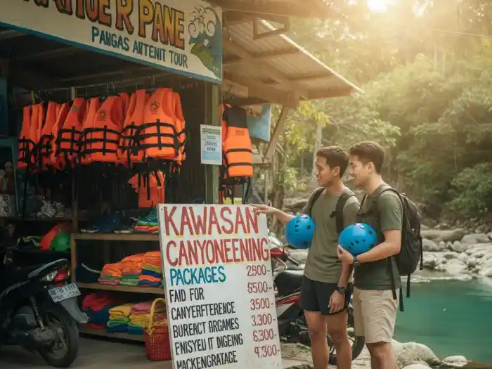 kawasan canyoneering budget cost badian cebu Filipino tourists checking canyoneering package prices at a local tour office in Badian, Cebu.