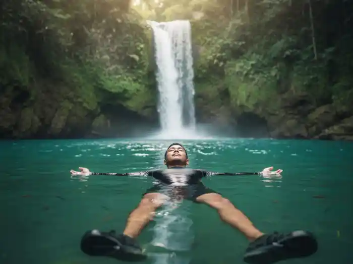 kawasan falls reflection after adventure badian cebu Filipino traveler floating peacefully at Kawasan Falls after a full day of canyoneering.