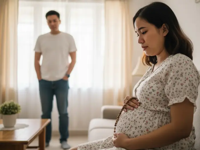 keep emotions calm pregnant filipina Pregnant Filipina sitting calmly after an argument, holding a rosary.