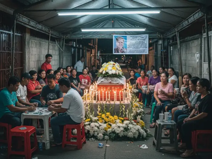 lamay all night wake vigil philippines Filipino family and neighbors staying awake at a lamay vigil in a small town.