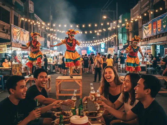masskara festival bacolod lacson street night Locals and tourists enjoy food, drinks, and street performances during MassKara Festival night.
