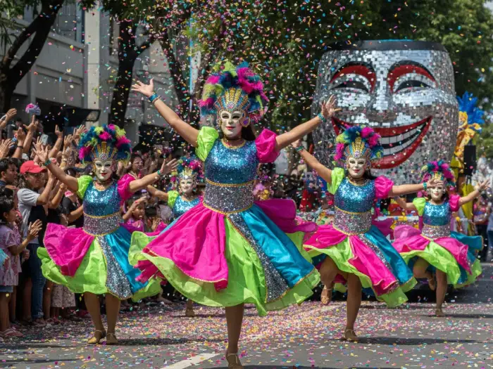 masskara festival bacolod parade dancers Masked performers dancing energetically during the MassKara Festival parade in Bacolod City.