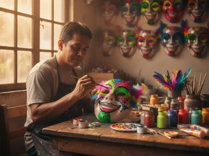 masskara mask making artisan bacolod Local artisan hand-paints a colorful MassKara Festival mask inside a Bacolod workshop.