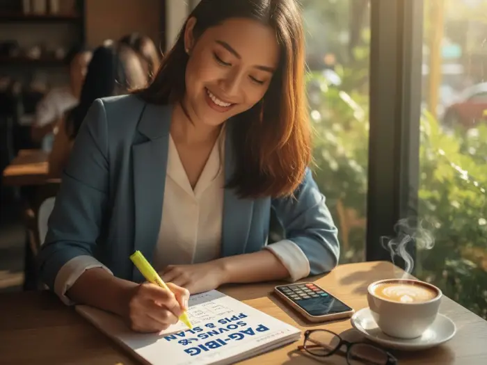 maximize pagibig membership tips Filipino professional reviewing Pag-IBIG membership tips and financial plans at a café.