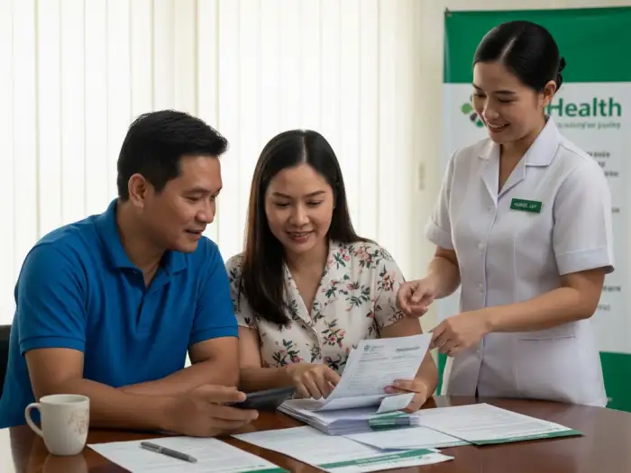 maximize philhealth benefits tips Filipino couple calculates hospital bills using PhilHealth forms and advice from nurse.