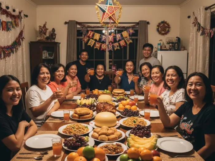 media noche filipino new year feast Filipino family enjoying the traditional Media Noche feast during New Year’s Eve.